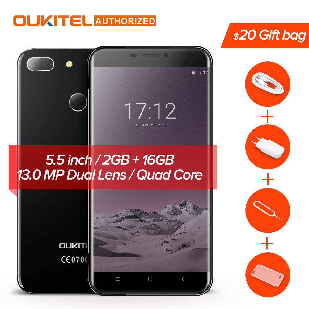 Oukitel U20 Plus 4G Mobile phone Android 7.0 5.5inch IPS FHD MTK6737T Quad Core 13MP Dual Lens Back Camera 2GB + 16GB Smartphone